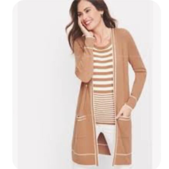 Talbots Camel Open Front Tipped Cardigan Size Medium - Picture 2 of 11